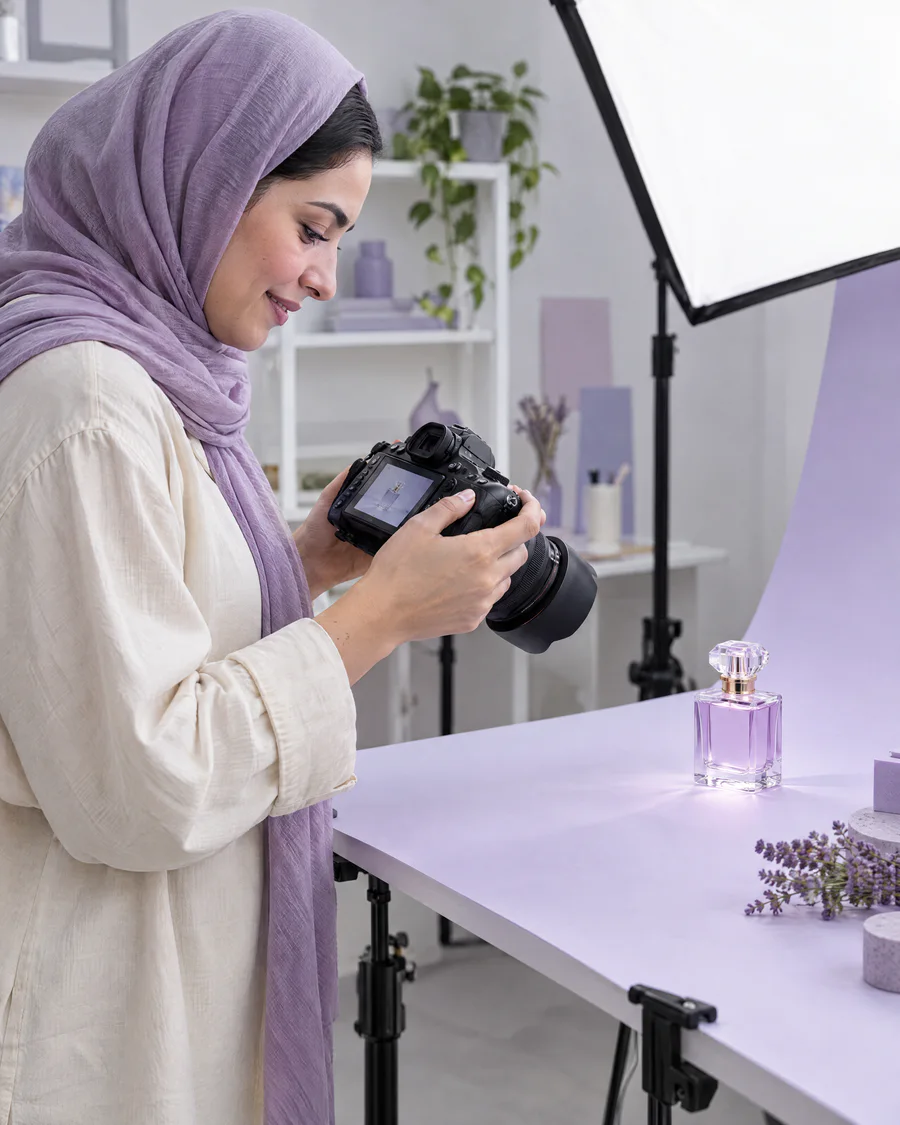 Layla Haddad, product photographer, at work