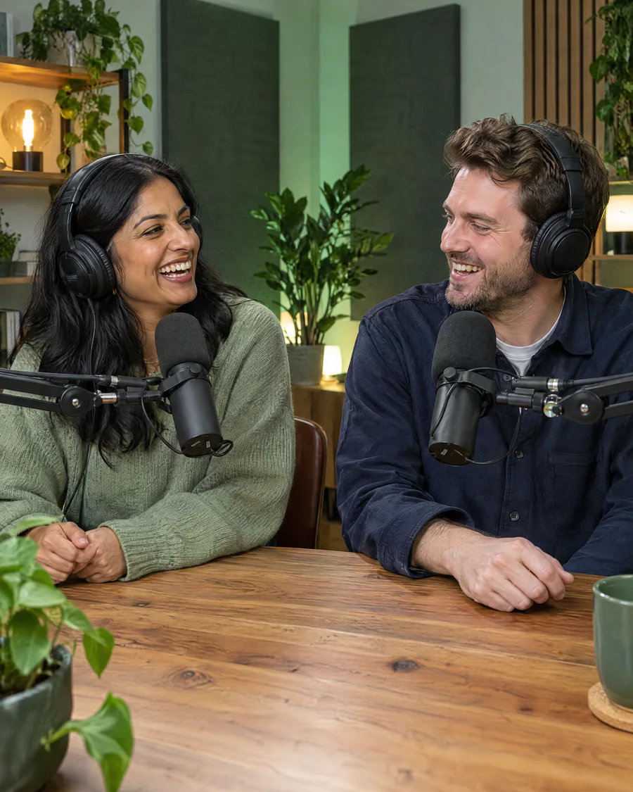 Two Mics Club, podcasters, at work