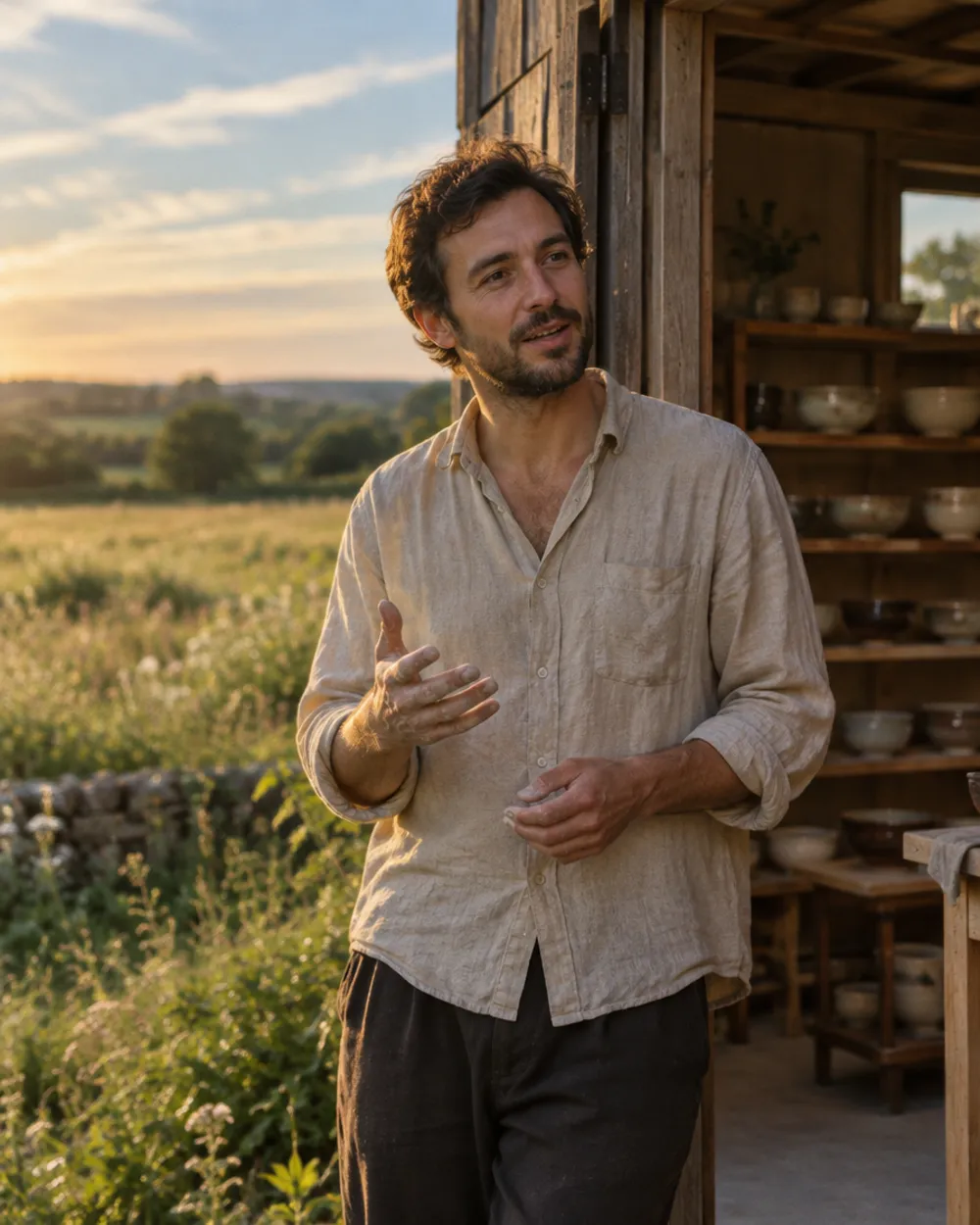 Theo, a potter, talking outside his studio at golden hour
